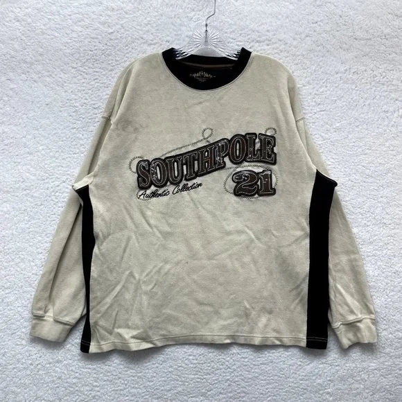 Y2K Vintage Southpole Sweater Mens XL Tan Beige Rib Knit Logo Skater Grunge - Picture 1 of 16
